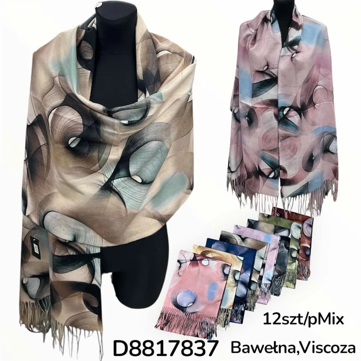 SZALIK DAMSKI z frędzlami, wzór abstrakcyjny, bawełna i wiskoza