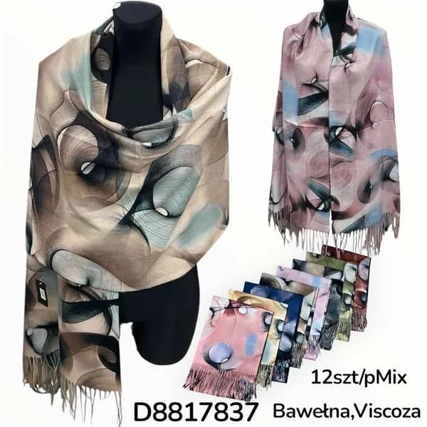 SZALIK DAMSKI z frędzlami, wzór abstrakcyjny, bawełna i wiskoza