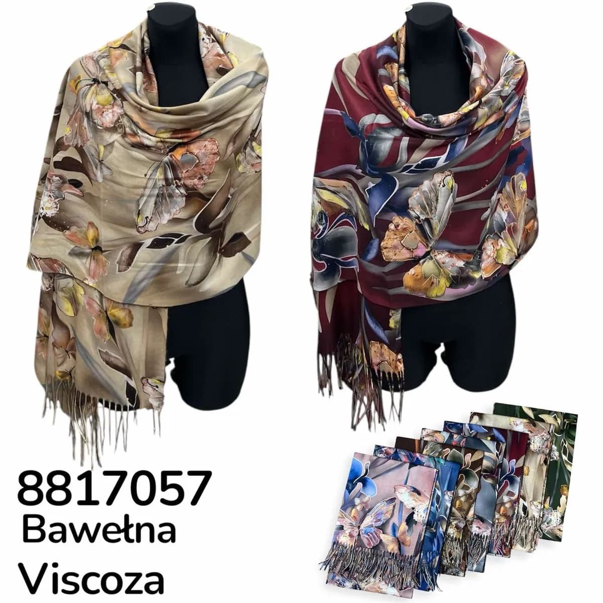 Szalik damski bawełna i wiskoza, wzór kwiatowy z frędzlami