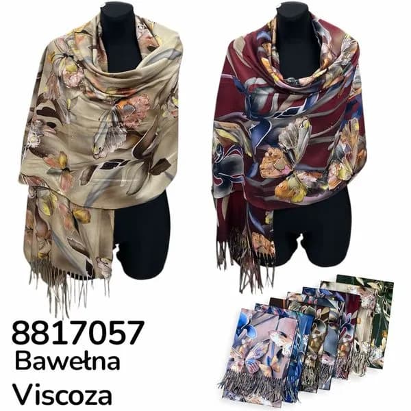 Szalik damski bawełna i wiskoza, wzór kwiatowy z frędzlami