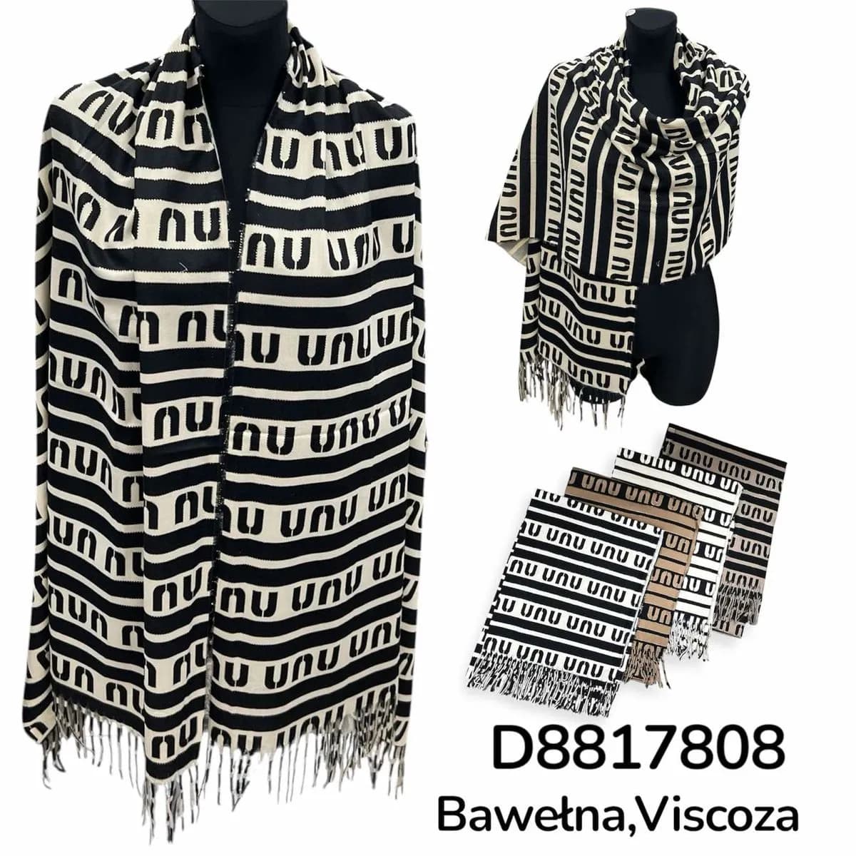 Szalik damski bawełna wiskoza wzór paski frędzle D8817808