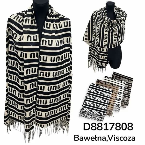 Szalik damski bawełna wiskoza wzór paski frędzle D8817808