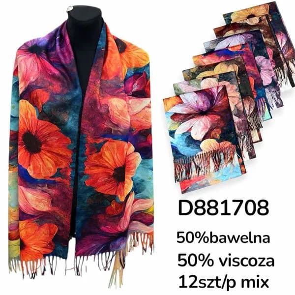 Szalik damski w kwiaty, 50% bawełna 50% wiskoza, mix kolorów