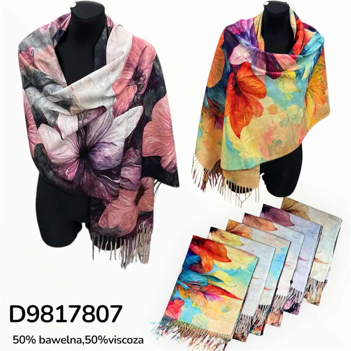 SZALIK DAMSKI w kwiaty, 50% bawełna 50% wiskoza, z frędzlami