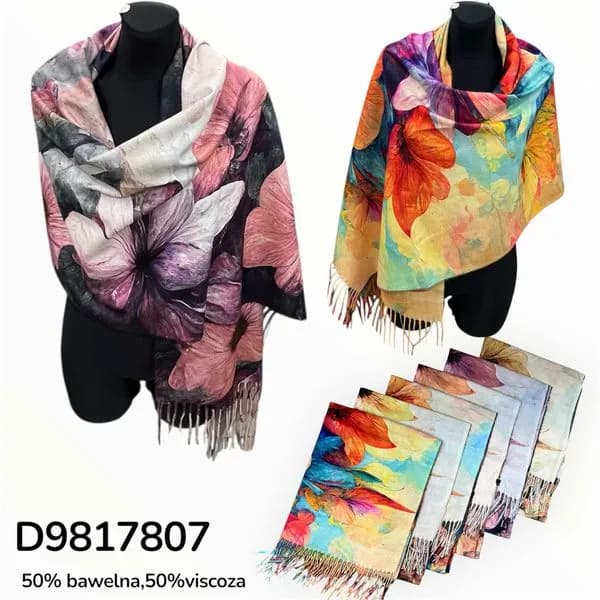 SZALIK DAMSKI w kwiaty, 50% bawełna 50% wiskoza, z frędzlami