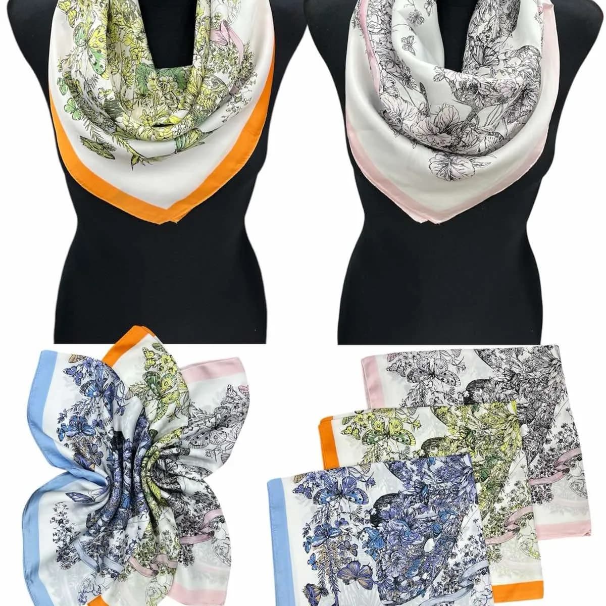 SZALIK DAMSKI apaszka satynowa w kwiaty i motyle - 12 szt.