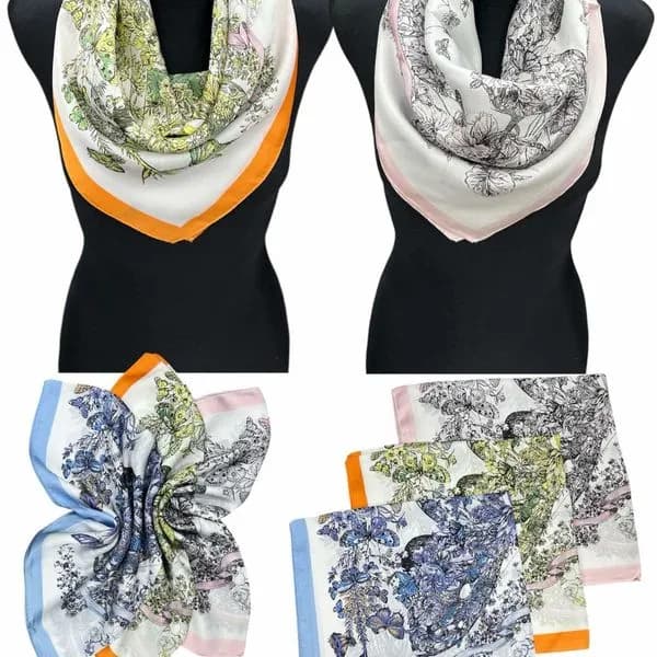 SZALIK DAMSKI apaszka satynowa w kwiaty i motyle - 12 szt.