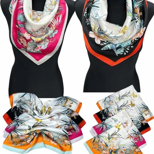 SZALIK DAMSKI apaszka satynowa wzór kwiaty i ptaki 12 szt