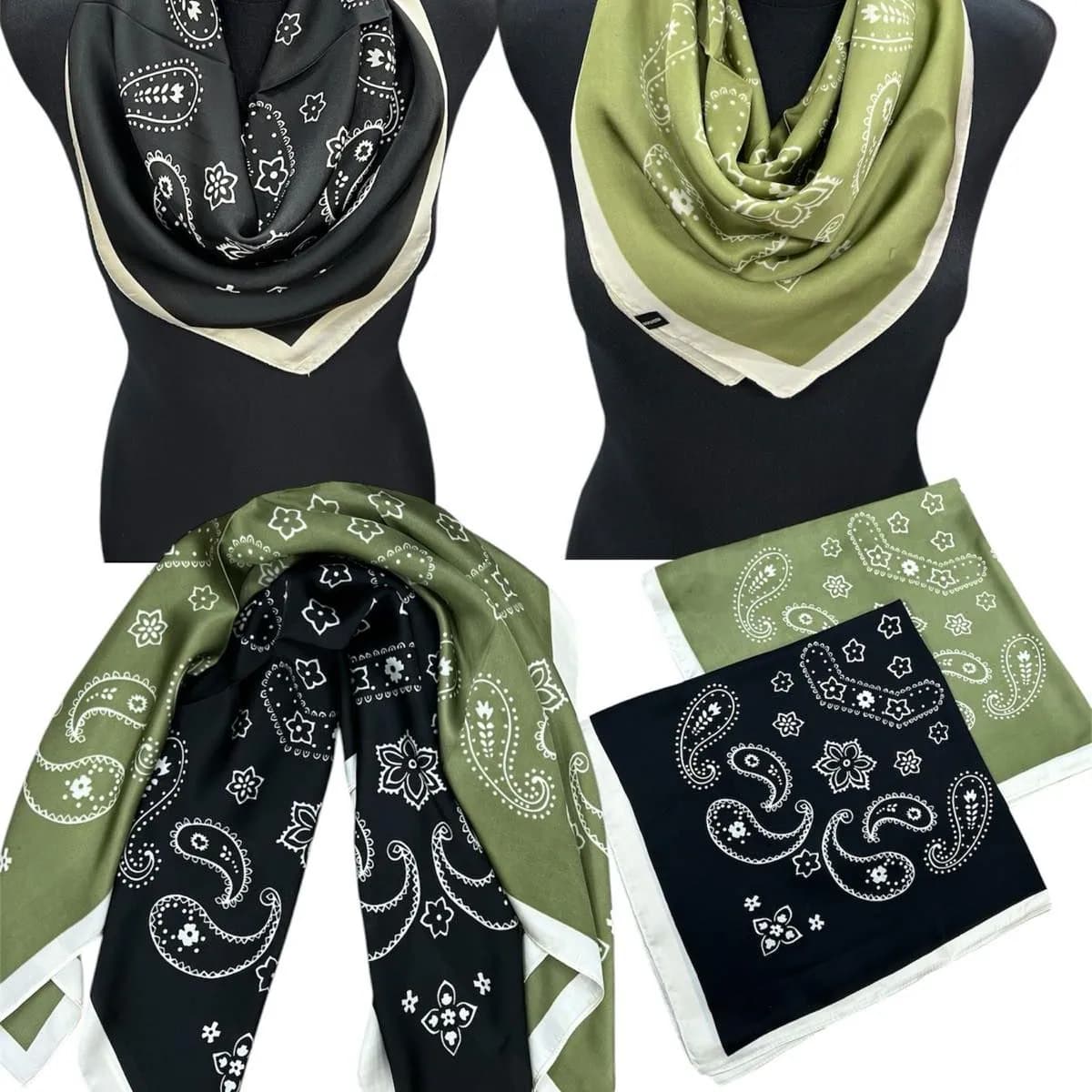 Szalik damski apaszka wzór paisley czarny oliwkowy 12szt