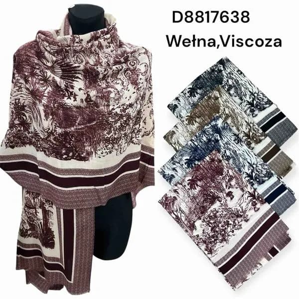 Szalik damski wełna i wiskoza, wzór pejzaż, mix kolorów 12 szt.