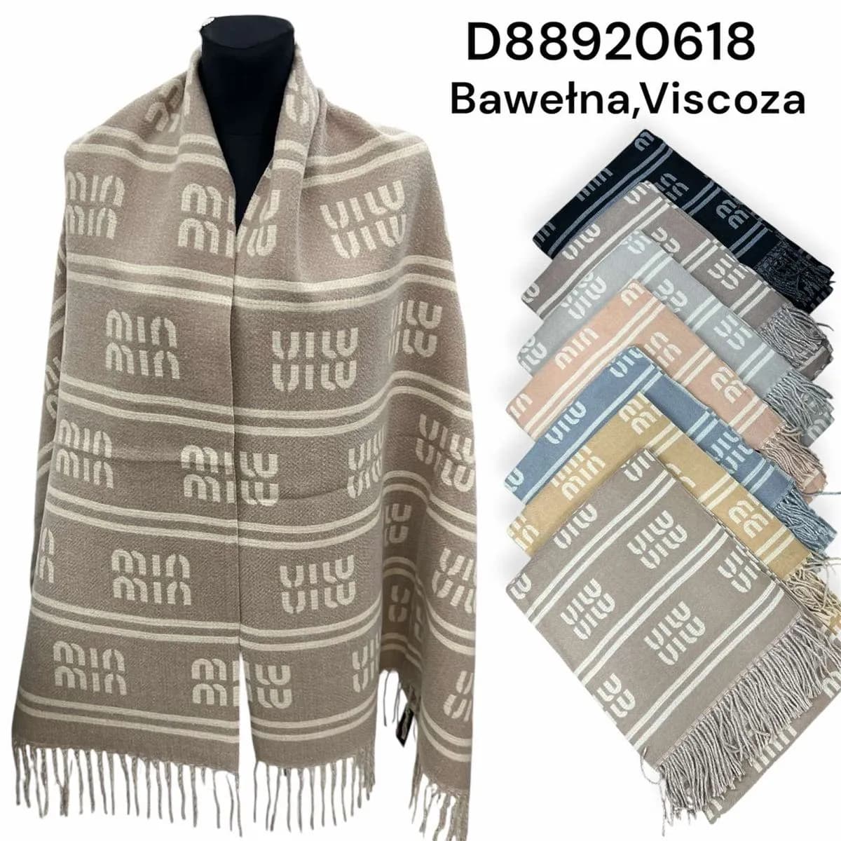 Szalik damski bawełna i wiskoza wzór logo z frędzlami mix kolorów