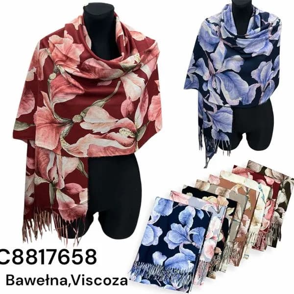 SZALIK DAMSKI bawełna wiskoza wzór kwiatowy z frędzlami