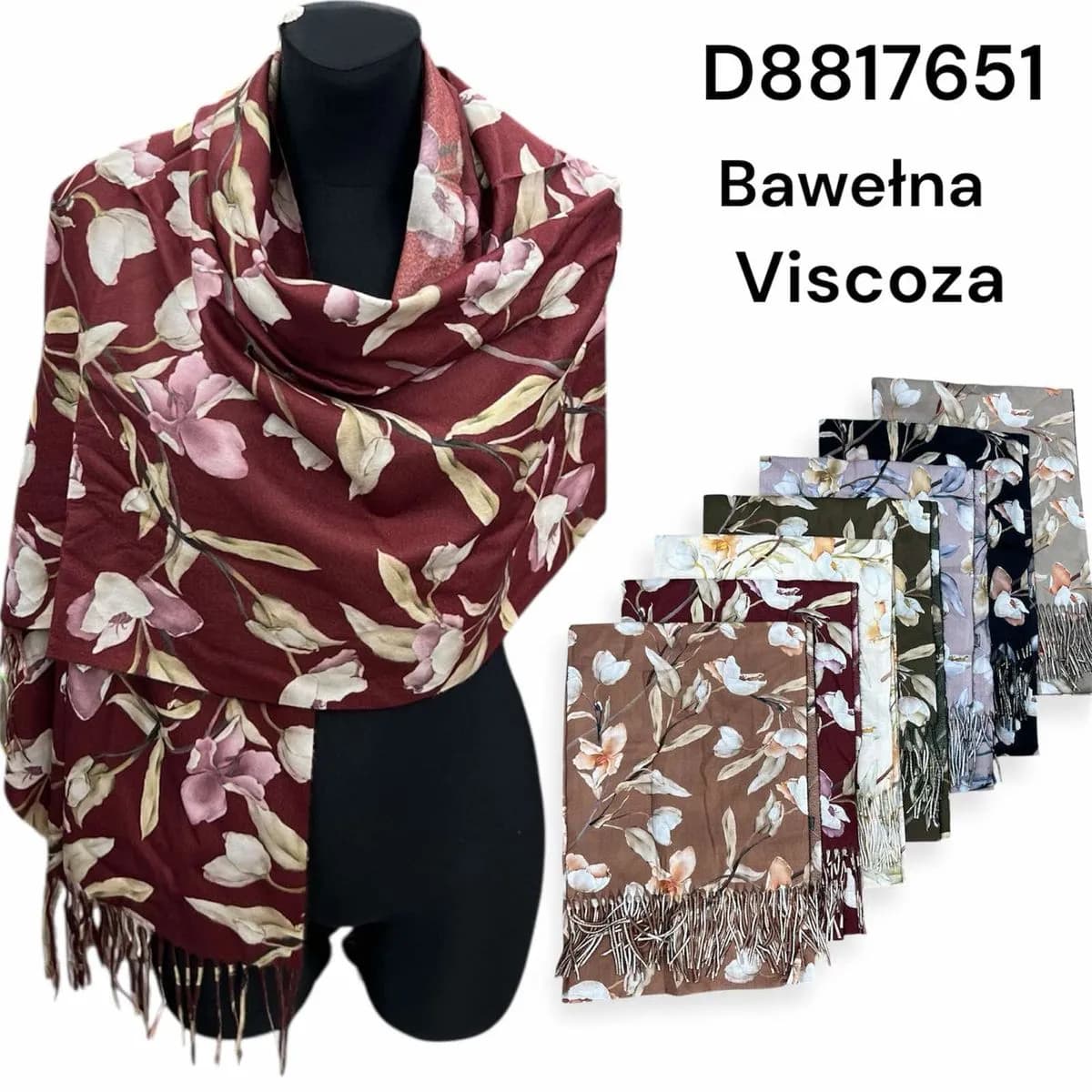 Szalik damski w kwiaty z frędzlami, bawełna i wiskoza, mix kolorów