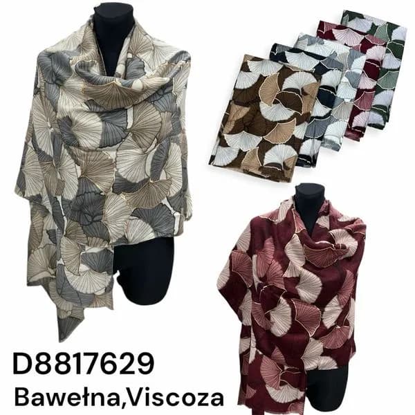 Szalik damski bawełna wiskoza wzór miłorząb złote kontury mix