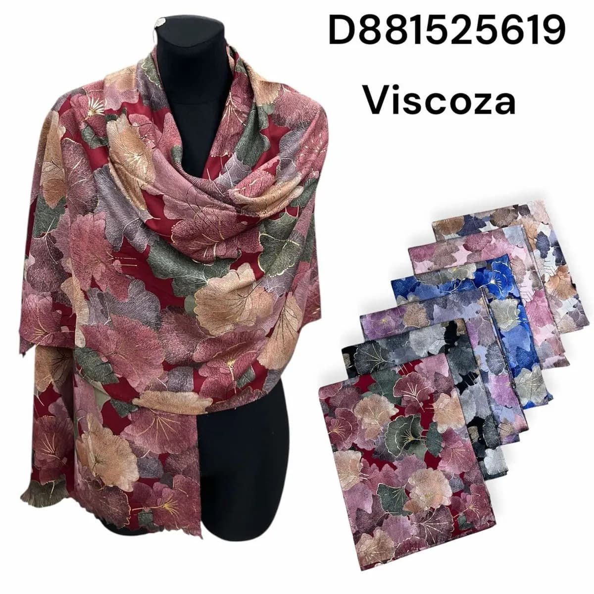 Szalik damski wiskoza wzór liście ginkgo - mix kolorów