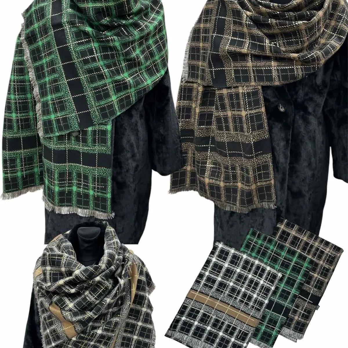 SZALIK DAMSKI w kratę z frędzlami, ciepły szal zimowy - mix kolorów