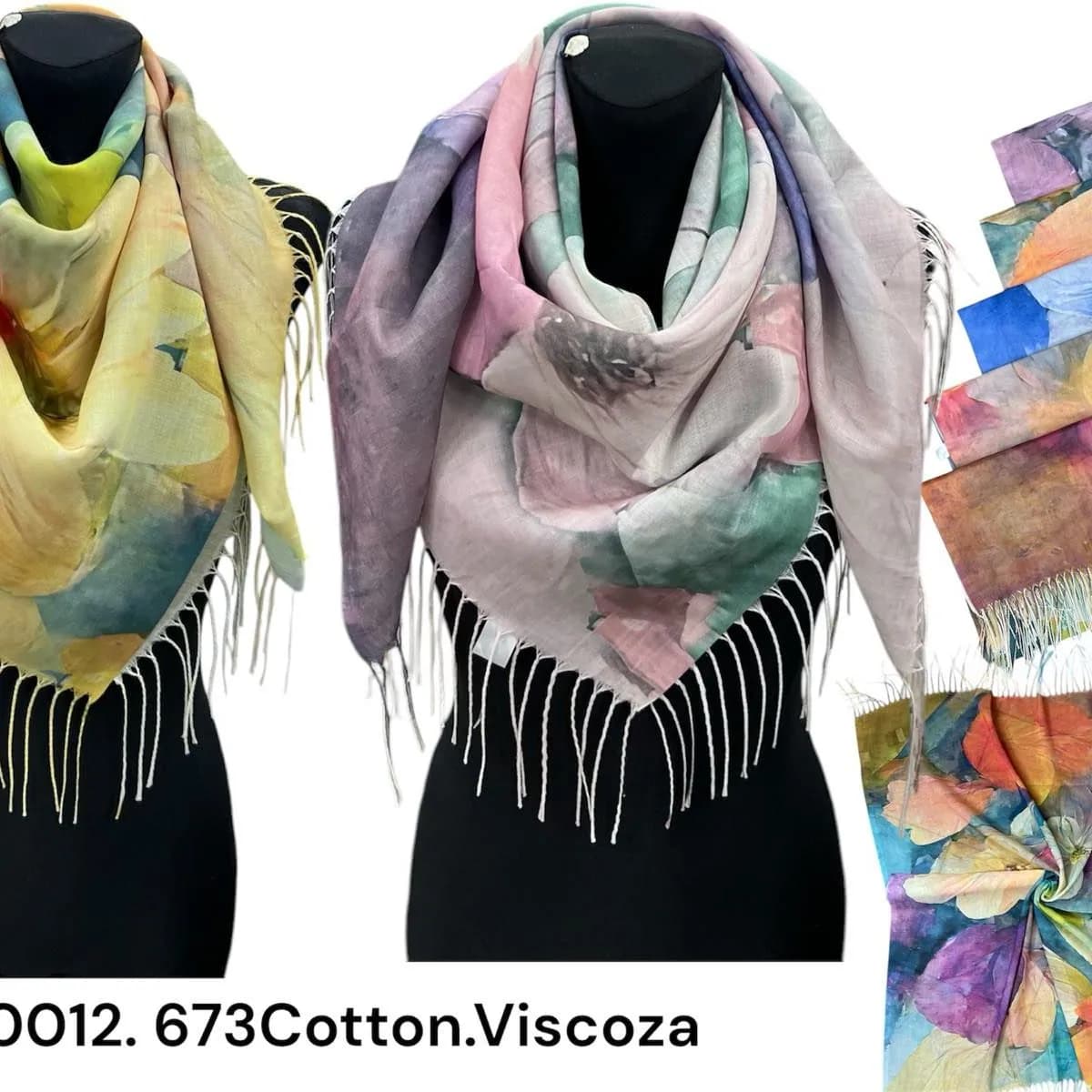 Szalik damski bawełna wiskoza wzór kwiatowy z frędzlami