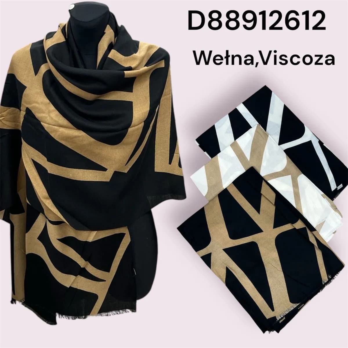 Szalik damski wełna i wiskoza, wzór geometryczny, 12 szt.