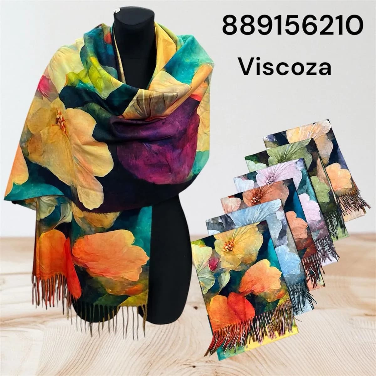 Szalik damski wiskozowy w duże kwiaty z frędzlami - 12 szt.