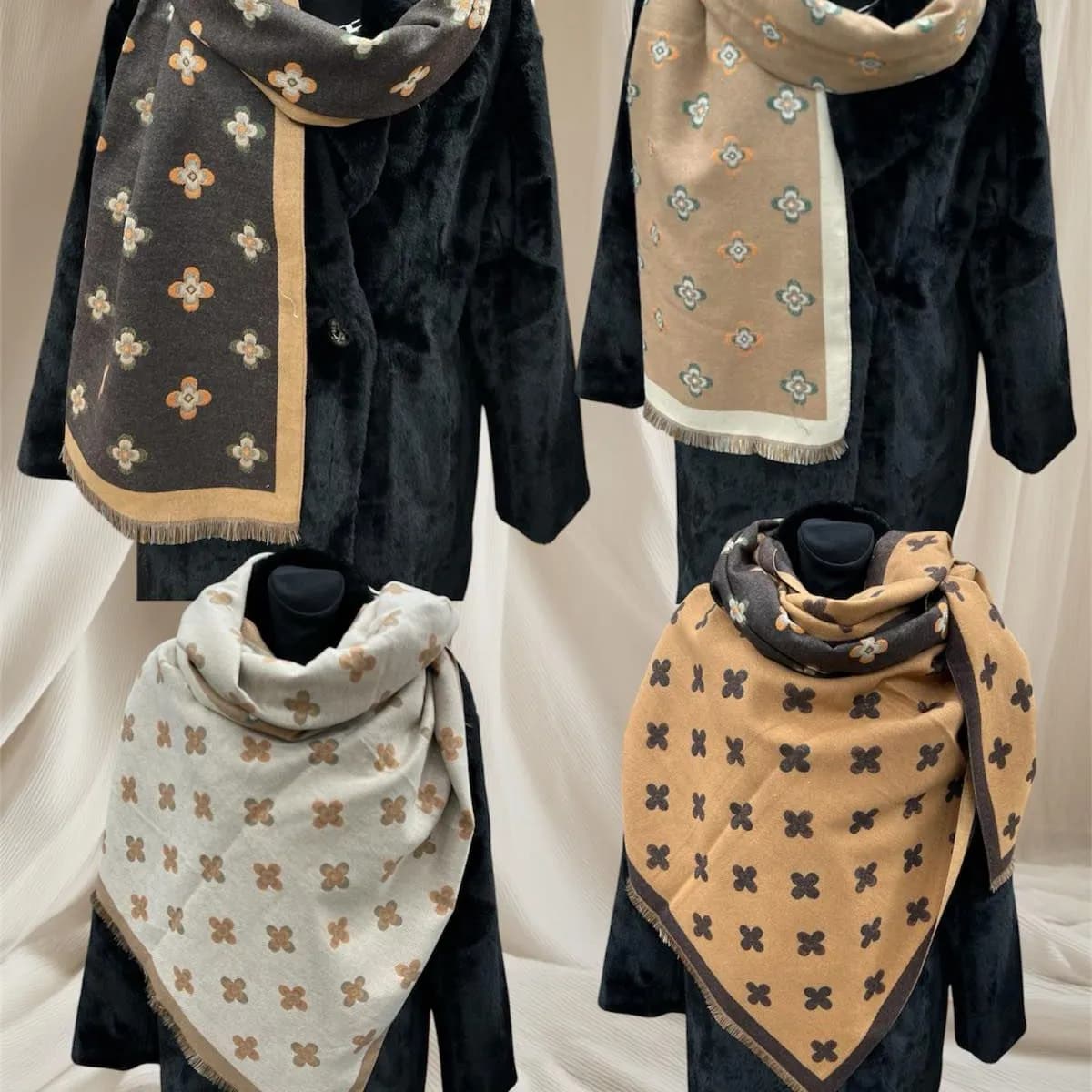 Szalik damski w kwiaty, wiskoza i wełna, mix kolorów