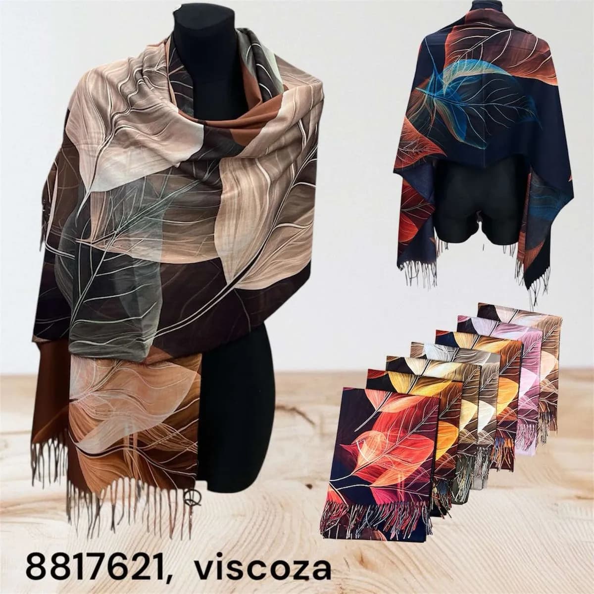 SZALIK DAMSKI wiskoza wzór w liście z frędzlami - mix kolorów