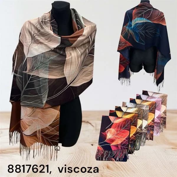 SZALIK DAMSKI wiskoza wzór w liście z frędzlami - mix kolorów