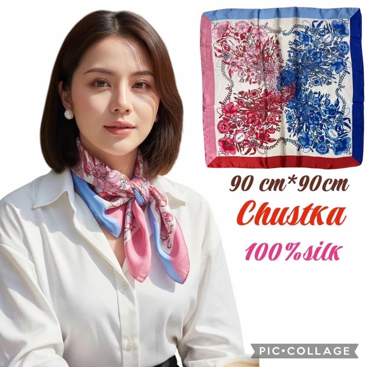 Chustka damska jedwabna 90x90 cm wielobarwna