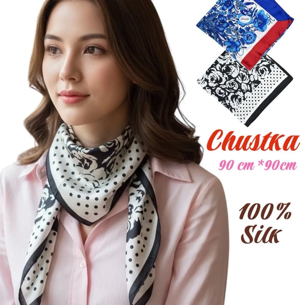 Chustka damska jedwabna 90x90 cm czarno-biała