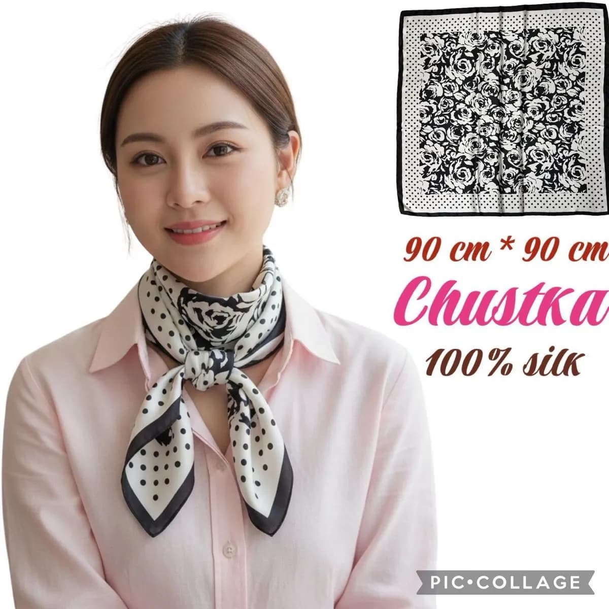 Chustka damska jedwabna 90x90 cm biało-czarna wzór kwiatowy