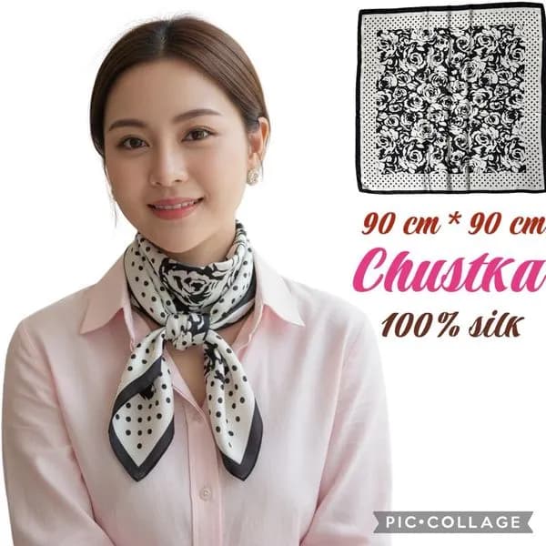 Chustka damska jedwabna 90x90 cm biało-czarna wzór kwiatowy