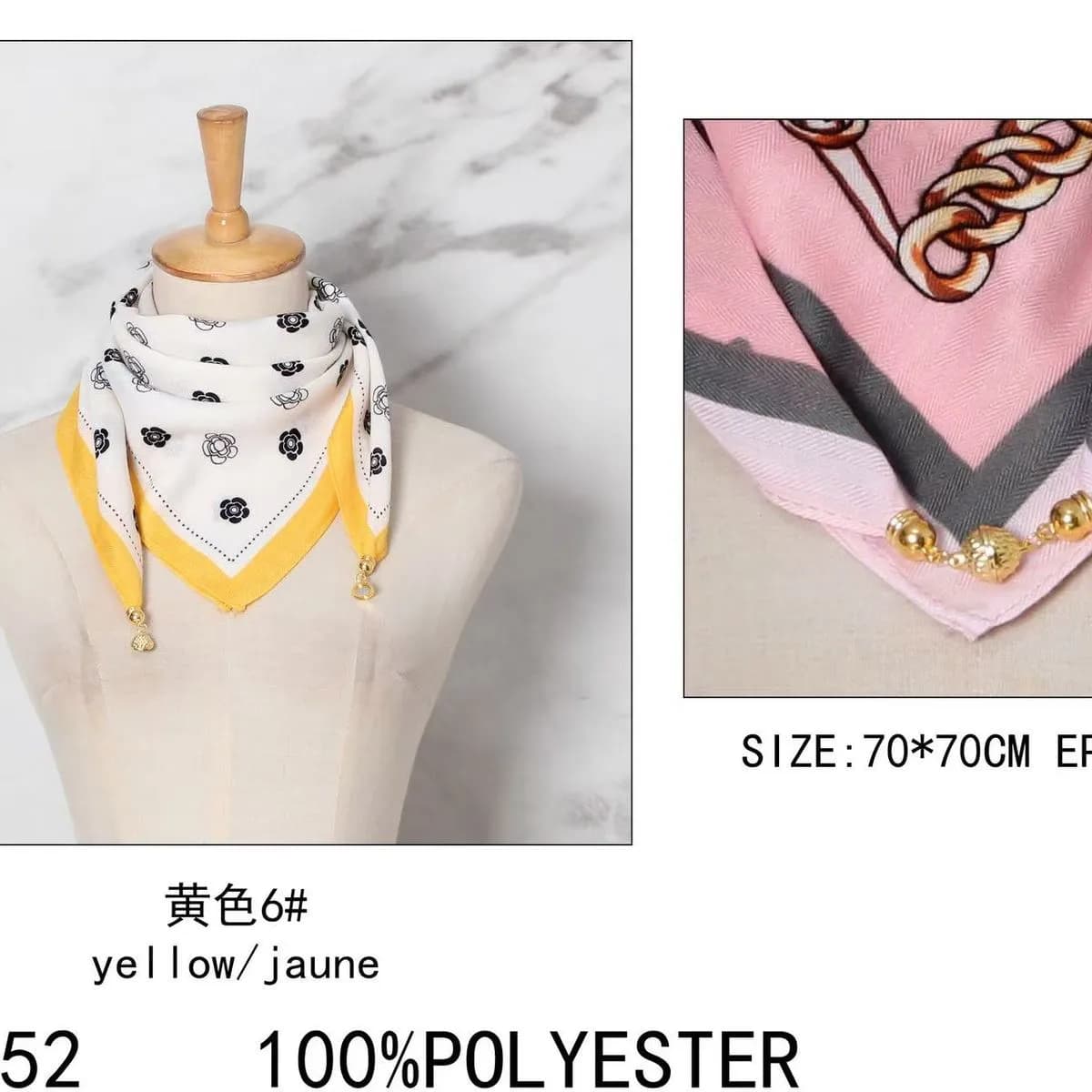 Chustka damska żółta z czarnymi kwiatami 70x70cm