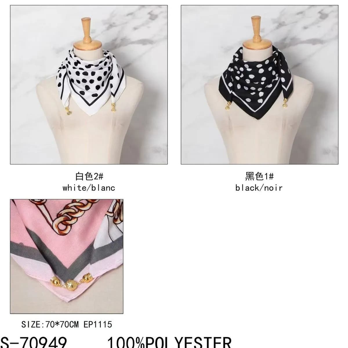 Chustka damska 70x70cm czarno-biała w kropki i różowa