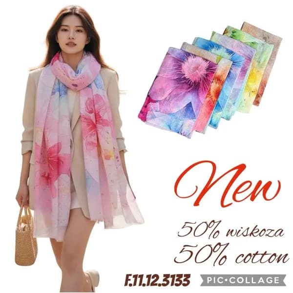 Szaliki damskie kwiatowe 50% wiskozy 50% bawełny