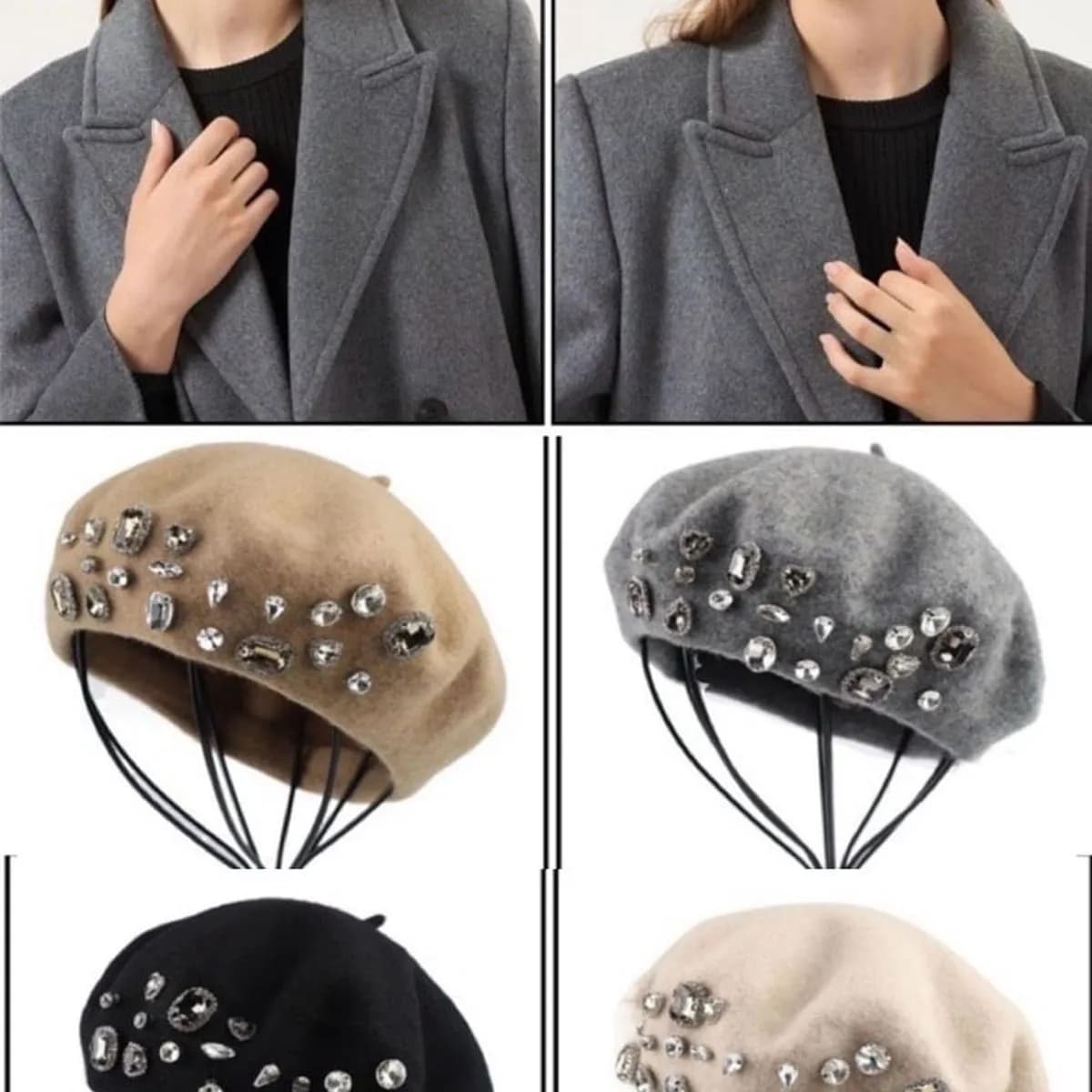 Czapka Damska Beret z Ozdobnymi Kamieniami i Cyrkoniami - Mix