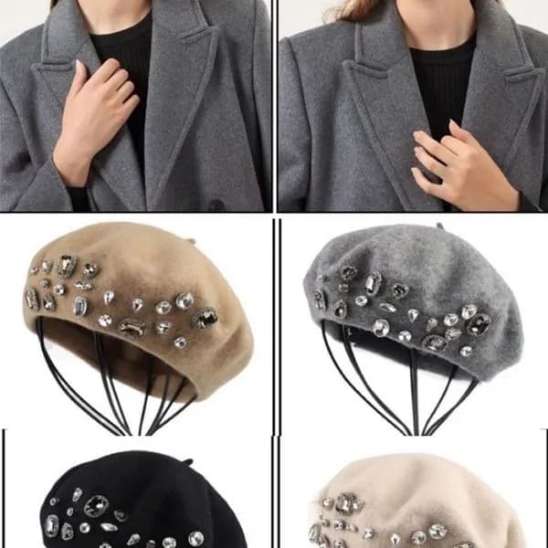 Czapka Damska Beret z Ozdobnymi Kamieniami i Cyrkoniami - Mix