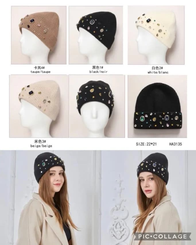 Czapka damska z ozdobnymi kamieniami 22x21cm - mix kolorów