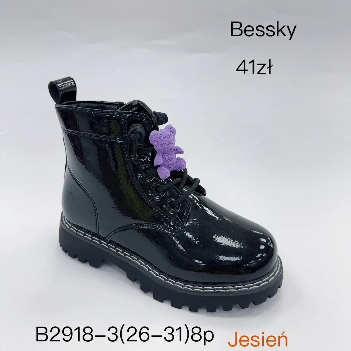 Botki Dziewczęce Bessky Lakierowane Czarne z Misiem Rozm. 26-31