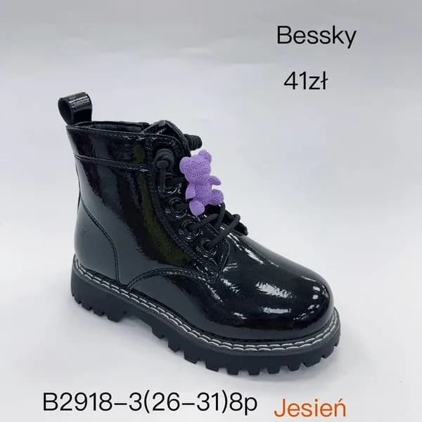 Botki Dziewczęce Bessky Lakierowane Czarne z Misiem Rozm. 26-31