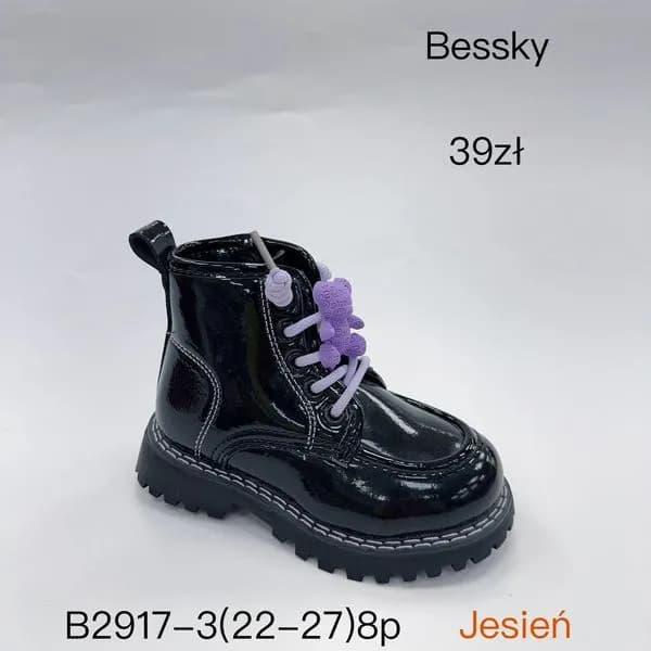 Botki dziewczęce Bessky lakierowane czarne z misiem, rozm. 22-27