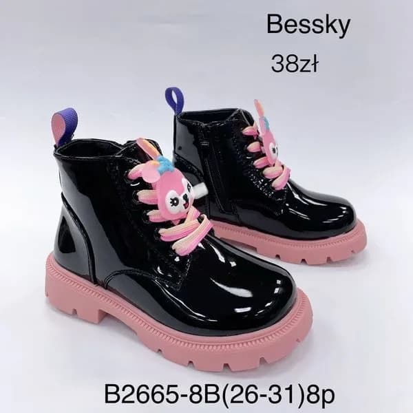Botki dziewczęce Bessky lakierowane czarne różowa podeszwa 26-31