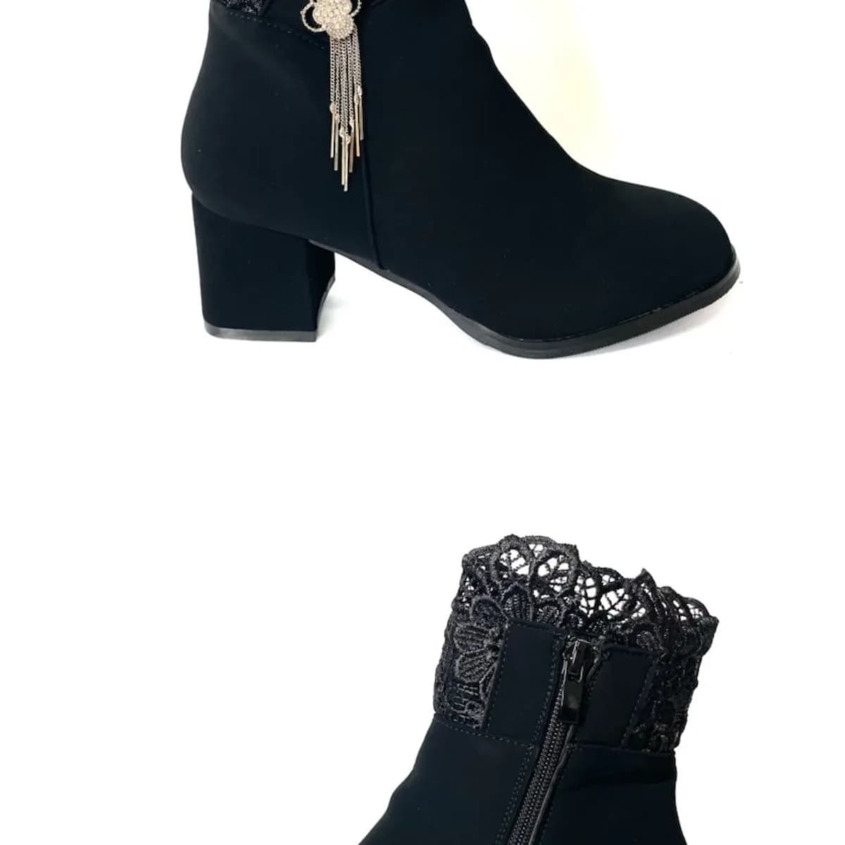 Botki damskie czarne z koronką i ozdobą, rozmiary 36-41
