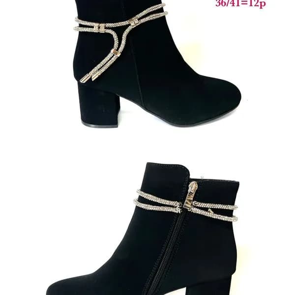 Botki damskie czarne na słupku z cyrkoniami, rozmiary 36-41
