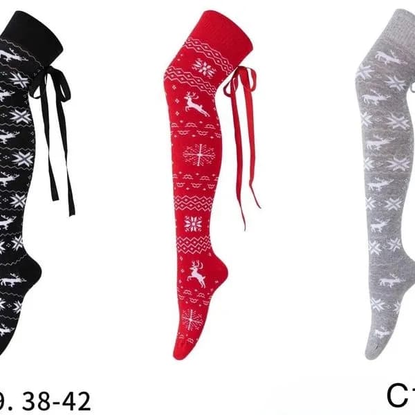 ZAKOLANÓWKI DAMSKIE świąteczne z kokardą, wzór renifery, mix