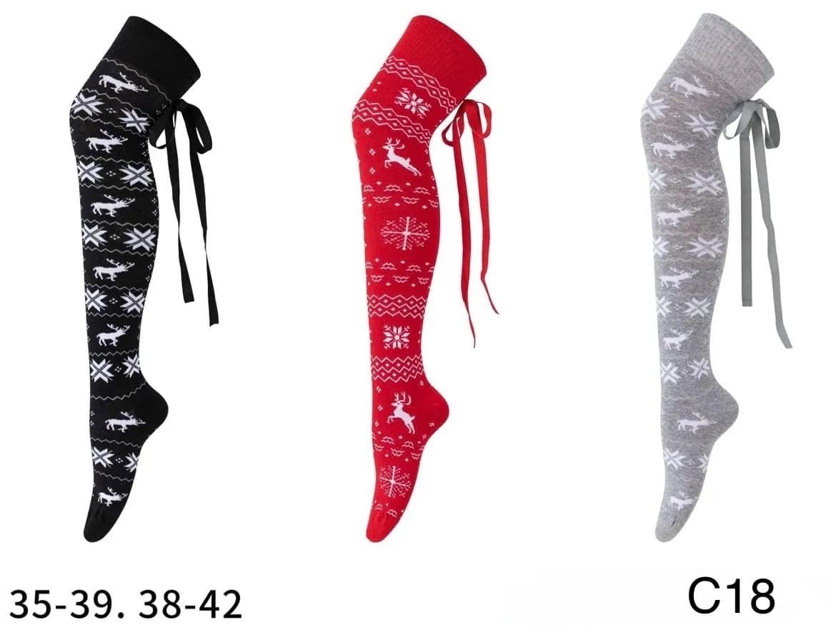 ZAKOLANÓWKI DAMSKIE świąteczne z kokardą, wzór renifery, mix