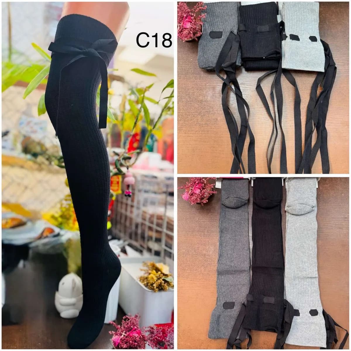 Zakolanówki damskie prążkowane z ozdobną kokardą C18 - 24 pary