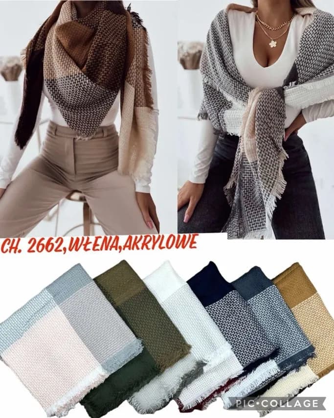 Apaszka damska w kratę z frędzlami, wełna i akryl, mix kolorów