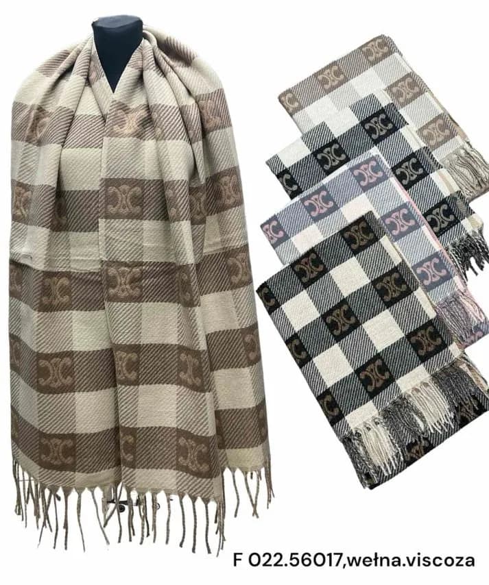 Apaszka damska wełna i wiskoza, szal w kratę z frędzlami