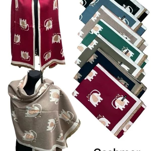 Szaliki damskie Cashmere wzór słonie - mix kolorów 12 szt.