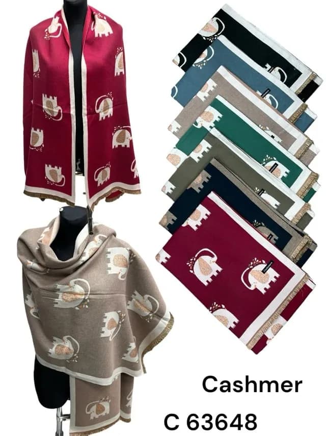 Szaliki damskie Cashmere wzór słonie - mix kolorów 12 szt.