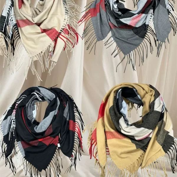 Szaliki damskie w kratę z frędzlami, wiskoza, mix kolorów